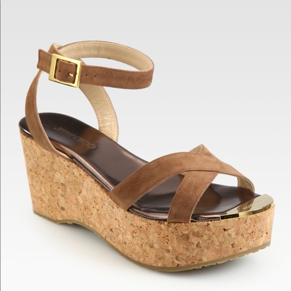 Jimmy Choo Shoes - Jimmy Choo Brown Panther Suede Cork Wedge Sandals
